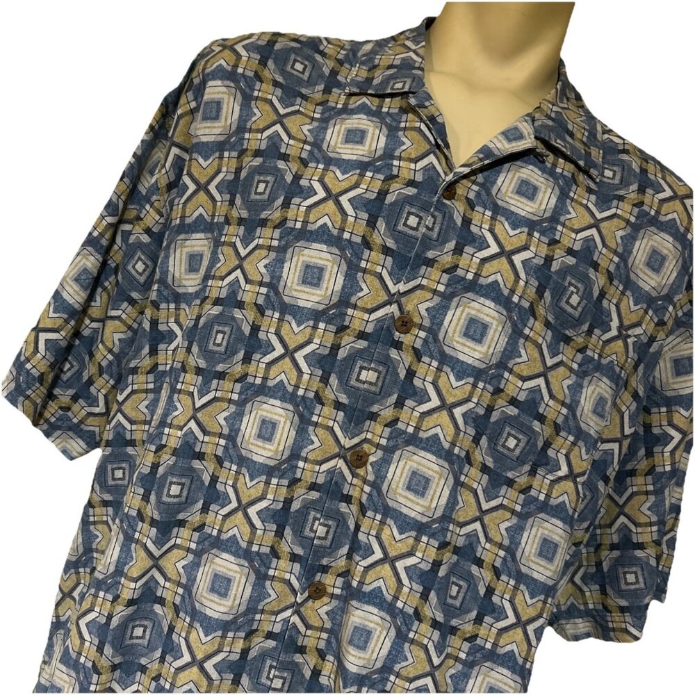 Tommy Bahama Silk Shirt  Short Sleeve Camp Geometric Batik Tribal Men XXL Blue